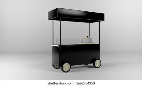 Isolated beautiful dessert black cart with 4 wheels and big container in a white background. 3D representation, 3D render representation. 3D illustration render. 3D illustration representation render.