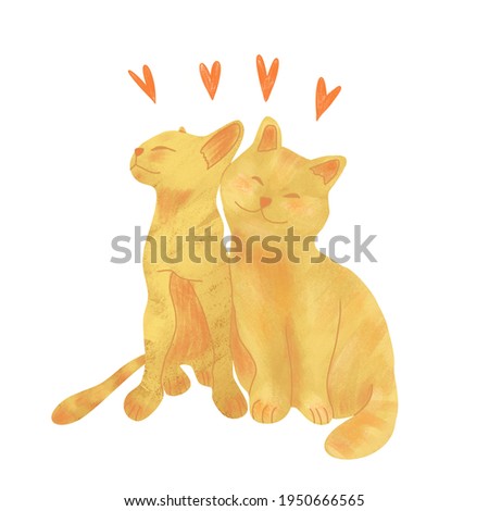Isolated bitmap image of cats. Two hugging cats on a white background. Bitmap illustration for design, packaging, stickers, postcards, posters. Design for wallpaper, fabrics, textiles.
