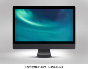 Isolated Black Imac Computer Mockup With A Blue Background On The Desktop And A Base Of Lead Colors