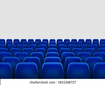 Isolated blue armchairs for cinema, theatre or opera. Realistic row with chairs for watching movie, seats facing transparent background, movie hall with empty scene  illustration