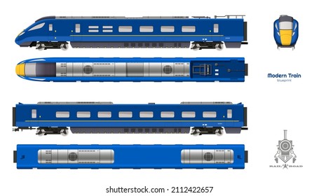 Isolated blueprint of blue modern train. Side, top and front views. Realistic 3d locomotive. Railway vehicle. Railroad pessenger transport. Illustration