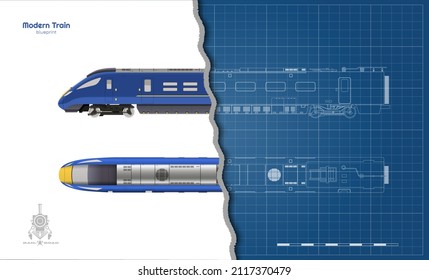 Isolated Blueprint Of Blue Modern Train. Side And Top Views. Realistic 3d Locomotive. Railway Vehicle. Railroad Pessenger Transport