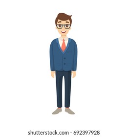 Isolated Businessman Standing On White Background. Cute Character In Buisness Suit.