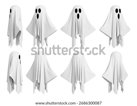 Isolated cartoon sheet ghost character set from multiple angles. 3D rendering.