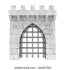 isolated closed medieval gate with steel lattice down illustration