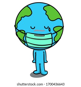 Isolated Cute doodle cartoon character of planet earth wearing medical mask on white background. Concept for serious epidemic when world in problem. Cartoon earth with body, tear on face, easy draw.