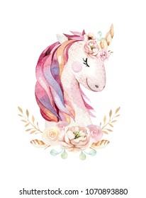 Isolated cute watercolor unicorn clipart. Nursery unicorns illustration. Princess rainbow poster. Trendy pink cartoon pony horse.