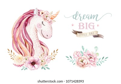 Isolated Cute Watercolor Unicorn Clipart. Nursery Unicorns Illustration. Princess Rainbow Poster. Trendy Pink Cartoon Pony Horse.