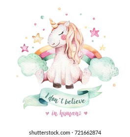 Isolated Cute Watercolor Unicorn Clipart. Nursery Unicorns Illustration. Princess Unicorns Poster. Trendy Pink Cartoon Horse.