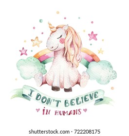 Isolated cute watercolor unicorn clipart. Nursery unicorns illustration. Princess unicorns poster. Trendy pink cartoon horse. - Powered by Shutterstock