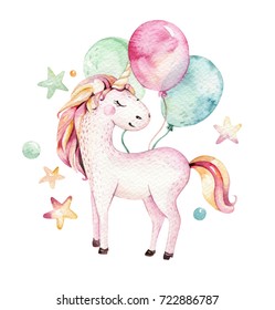 Isolated Cute Watercolor Unicorn Clipart. Nursery Unicorns Illustration. Princess Unicorns Poster. Trendy Pink Cartoon Horse.