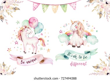 Isolated cute watercolor unicorn clipart. Nursery unicorns illustration. Princess unicorns poster. Trendy pink cartoon horse. - Powered by Shutterstock