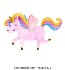 Isolated Cute Watercolor Unicorn Clipart. Nursery Unicorns Illustration. Princess Unicorns Poster. Trendy Pink Cartoon Horse