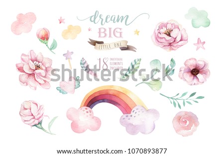 Isolated cute watercolor unicorn clipart. Nursery unicorns illustration. Princess rainbow poster. Trendy pink cartoon pony horse.