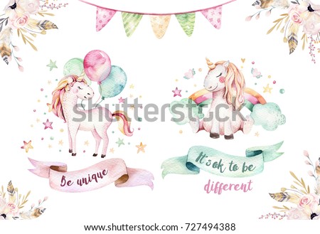 Isolated cute watercolor unicorn clipart. Nursery unicorns illustration. Princess unicorns poster. Trendy pink cartoon horse.