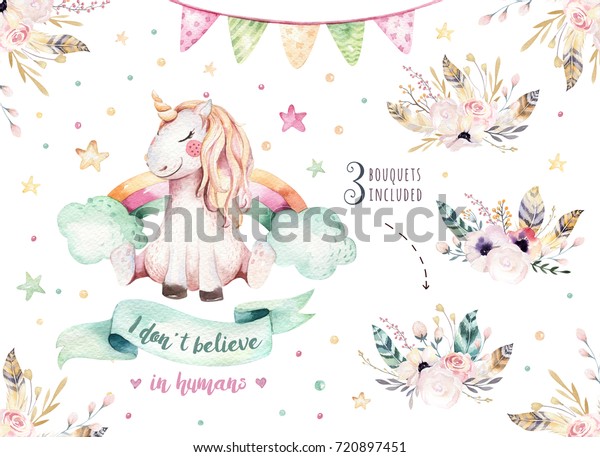 かわいい水彩のユニコーンクリップアート ユニコーンの苗木のイラスト ユニコーン姫のポスター 流行のピンクの漫画の馬 のイラスト素材