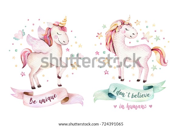 かわいい水彩のユニコーンクリップアート ユニコーンの苗木のイラスト ユニコーン姫のポスター 流行のピンクの漫画の馬 のイラスト素材
