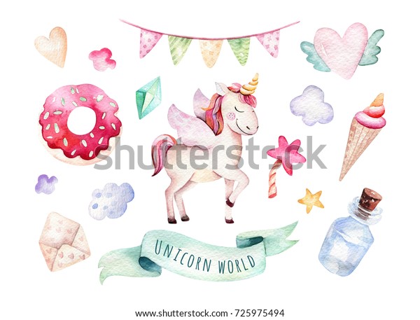 かわいい水彩のユニコーンクリップアート ユニコーンの苗木のイラスト ユニコーン姫のポスター 流行のピンクの漫画の馬 のイラスト素材 725975494