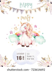 Isolated Cute Watercolor Unicorn Invitation Card. Nursery Unicorns Illustration. Princess Unicorns Poster. Trendy Pink Cartoon Horse.