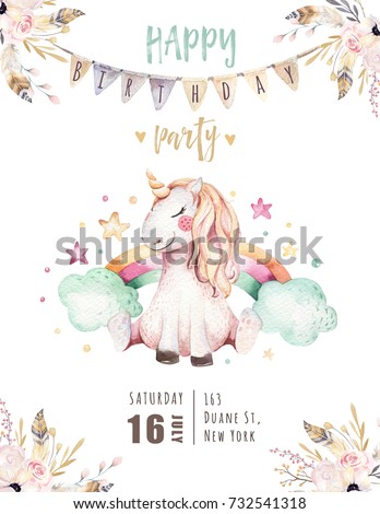 isolated cute watercolor unicorn invitation cardのイラスト素材