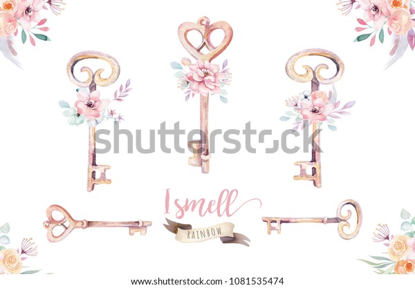 かわいい水彩のユニコーンキークリップアートと花 ユニコーンの保育園のキーイラスト プリンセス レインボー ポスター ピンクのマジックポスター のイラスト素材
