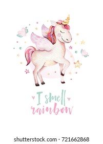 Isolated Cute Watercolor Unicorn Kids Poster. Nursery Unicorns Illustration. Princess Unicorns Drawing. Trendy Pink Cartoon Horse.