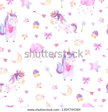 Isolated cute watercolor unicorn pattern. Nursery unicorns aquarelle. 
