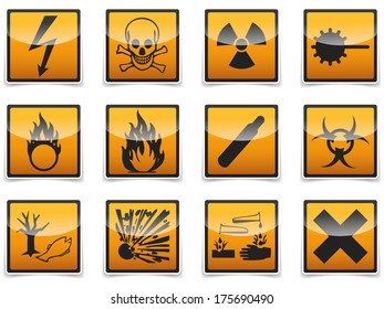 Isolated Danger, Hazard Sign, Icon Collection With Shadow On White Background.