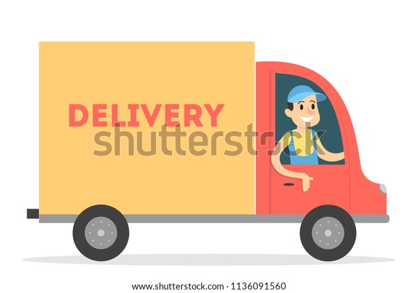 Isolated\
delivery truck with man on white\
background.