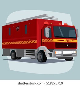 Isolated, Detailed Images Of Three-dimensional Firefighting Apparatus, Fire Engine Car, The Main Device Of Firefighters, In Cartoon Style. Side Front View. Raster Version Of Illustration