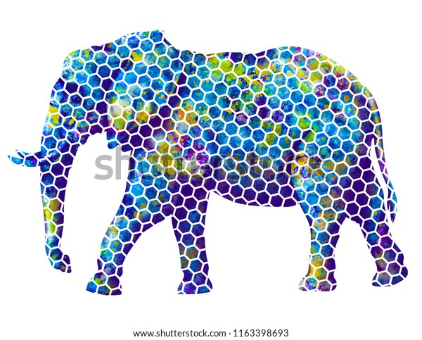 Isolated drawing - an elephant created\
from a mosaic with abstract spots on a white\
background