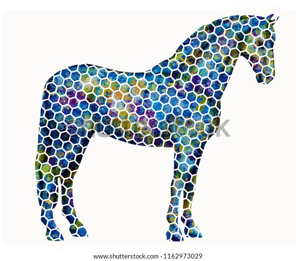 Isolated drawing - a horse created from a mosaic\
with abstract\
spots