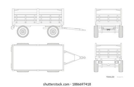 Isolated Drawing Of Tractor Trailer In Outline Style. Side, Front And Back View Of Agriculture Machinery. Farming Machinery On White Background. Industrial Blueprint