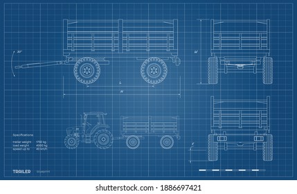 Isolated Drawing Of Tractor Trailer In Outline Style. Side, Front And Back View Of Agriculture Machinery. Farming Machinery On White Background. Industrial Blueprint