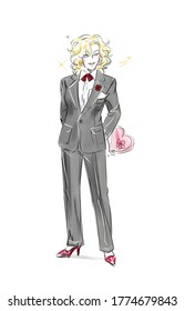 Isolated Drawing Of A Woman  In Black Suit And Red Tie On A Date Holding Heart Shaped Box Of Chocolate Candies Behind Her Back And Smiling Happily