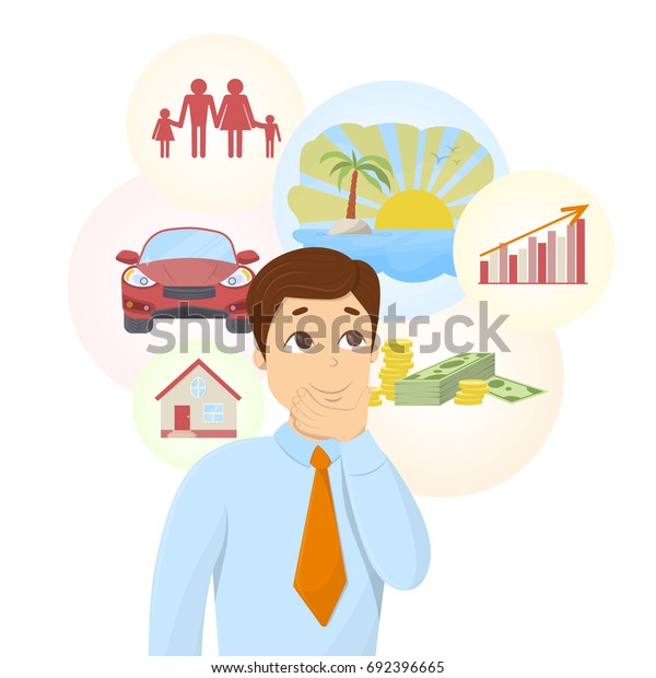 Isolated dreaming businessman with dream bubbles\
with family, money, car and\
more.