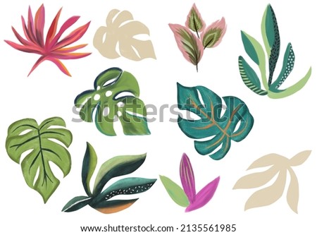 isolated elements set tropical gouache watercolor leaves handpainted style abstract illustration ストックフォト © 