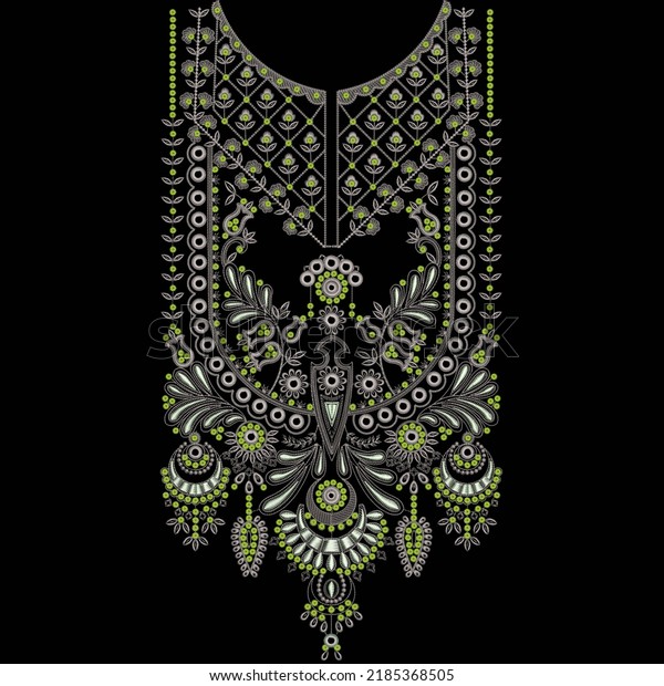 Isolated embroidery neckline design with\
indian traditional mughal artwork\
illustration