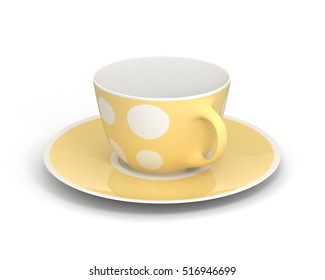 Isolated Empty Classic Porcelain White Tea Cup On Saucer With Simple Yellow Pattern On White Background. Mockup Tableware. 3D Illustration.