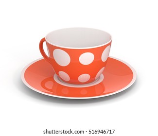 Isolated Empty Classic Porcelain White Tea Cup On Saucer With Simple Orange Pattern On White Background. Mockup Tableware. 3D Illustration.