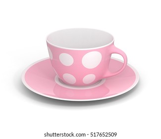 Isolated Empty Classic Porcelain White Tea Cup On Saucer With Simple Pink Pattern On White Background. Mockup Tableware. 3D Illustration.