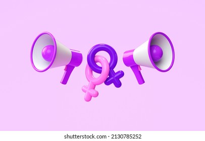 Isolated Female Symbols United With Megaphones For International Women's Day And Feminist Flyer In 3D Illustration. March 8 For Feminism, Sisterhood, Empowerment And Activism For Women Rights