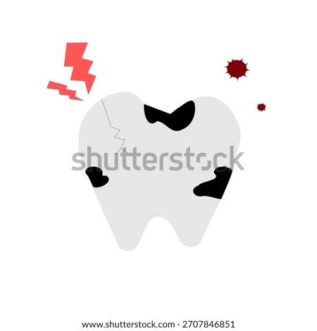 Isolated Flat Vector Illustration of a Decayed Molar Tooth with Cracks, Caries Spots, and Pain Symbols, representing Dental Disease, Toothache, and Bacteria Infection.