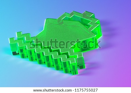 isolated glass green icon on background in cyanide, blue and pink neon lighting With Soft Focus. 3d render