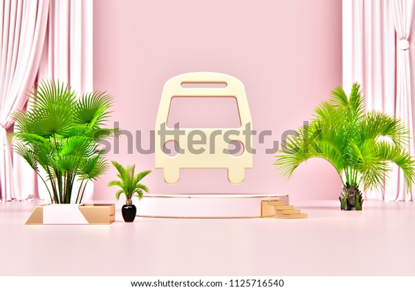 isolated gold icon with plants on pink background\
and curtains. 3d\
render