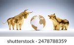 Isolated golden bull and bear with earth globe on white backdrop, 3D illustration