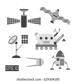 Isolated grayscale space cosmos elements. Shuttle, rocket, satellites, antenna and moonwalker. Made in flat style. 