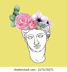 Isolated Greek Statue In Art Nouveau Style. Line Drawing With Watercolor Flowers And Tropical Leaves Of Vintage Aesthetic Antique Statues Of Mystical God. Creative Design, Abstract, Collage