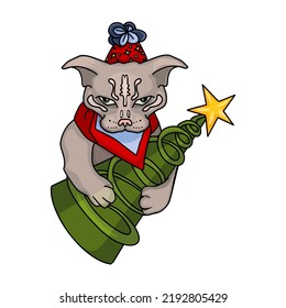 Isolated illustration an angry  displeased cat and Christmas tree  New year  Grinch in the form cat as blank for designer  logo  icon