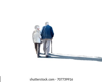 Isolated Illustration Of Back View Of An Elderly Couple Walking Holding Hand With Long Shadow. Man With Walking Stick. Self Isolation Concept
